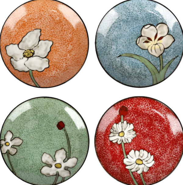 Four Color Hand Painted Wildflower Vintage Ceramic Small Round Plate Set