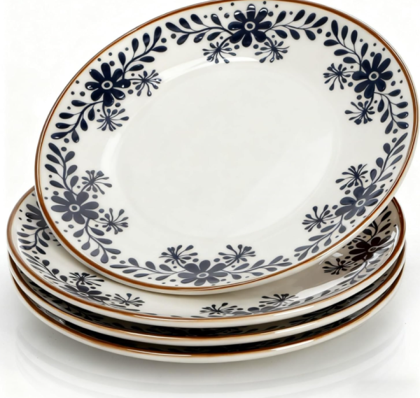 Blue and White Floral Retro Ceramic Flat Plate Set (4 Pieces)